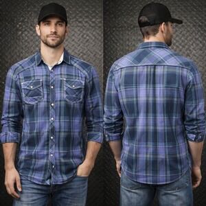 BKE Athletic Fit Mens XL Blue Purple Plaid Western Snap Button Shirt 11659FPW